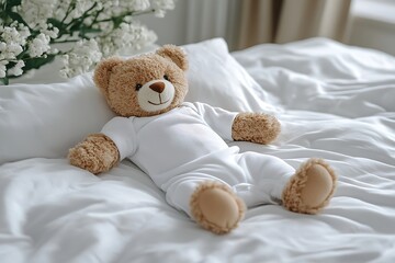 Teddy bear in white onesie on white bed