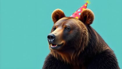 Celebratory bear wearing party hat fun atmosphere digital illustration whimsical style
