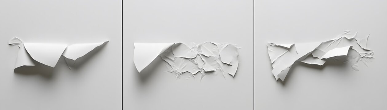 Three abstract sculpted forms on a neutral background.