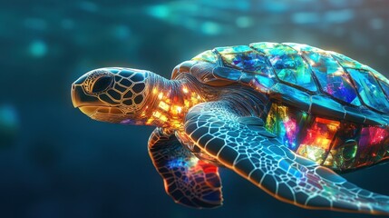 Colorful Sea Turtle Underwater Majestic Marine Animal Serenity Underwater Ocean Depths Tranquil Aquatic Life Conservation Ecosystem Awareness