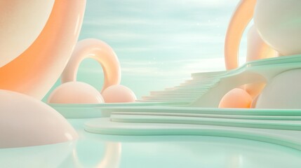 Futuristic Pastel Landscape with Abstract Arches
