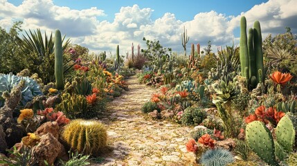 Desert Landscape with Cactus Flowers Blooming Path and Variety of Plants under Blue Sky and Fluffy Clouds in Daylight Scenery