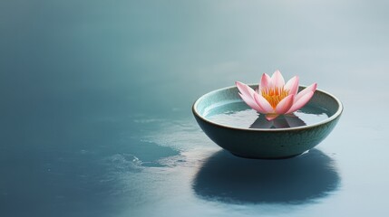 Pink Lotus Blossom Floating in Ceramic Bowl a Tranquil Spa Concept Representing Peace Serenity and Mindfulness Practice with Blurred Backdrop