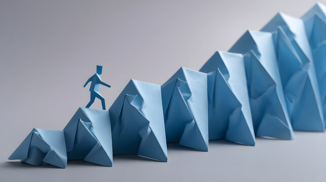 A blue paper figure climbs a staircase of folded blue paper, symbolizing growth and progress.
