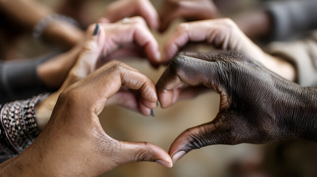 Diverse hands forming heart shapes, symbolizing love and unity among different cultures.