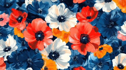 Vibrant floral pattern with bold colors and detailed flowers