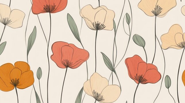 Delicate floral pattern with various shades of orange and peach poppies on a cream background - Powered by Adobe