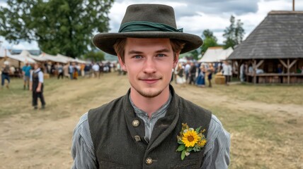Hungarian Man in Traditional Folk Parade Outfit with Sunflower During Cultural Festival