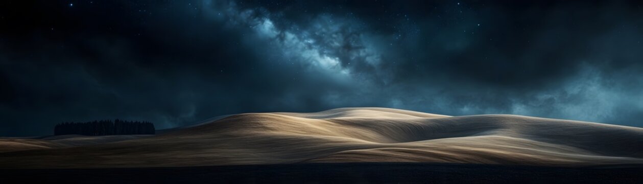 Dramatic landscape of rolling hills under a stormy sky.