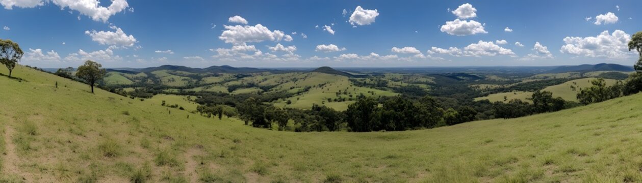 Panoramic view of rolling hills and valleys.