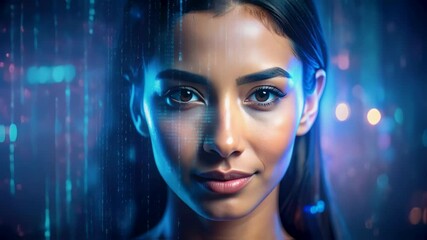 Portrait of woman face, AI deepfake recognition technology with facial distortion effect, algoritma and data code background, AI and human collaboration concept. - Powered by Adobe