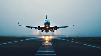 Big commercial plane serving domestic flight as seen from above. Huge aircraft landing on a runway with a cityscape behind. High quality 4k footage - Powered by Adobe