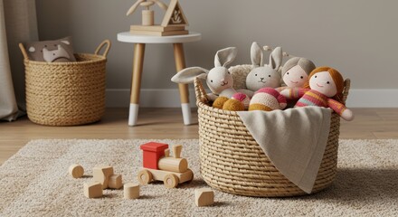 Woven Basket with Plush Toys and Wooden Blocks in Child's Room Demonstrating Playful Decor and Childhood Creativity