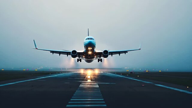 Big commercial plane serving domestic flight as seen from above. Huge aircraft landing on a runway with a cityscape behind. High quality 4k footage
