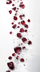 Falling Red Gems and Bubbles Isolated on White Background Representing Preciousness Luxury and Purity in a Clean Design