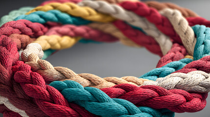 Close-up of intricately braided ropes in vibrant colors, creating a visually stunning texture.
