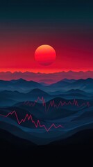 Crimson Sun Over Mountain Peaks Reflecting Data Fluctuations Illuminating Financial Uncertainty and Volatility Representing Modern Digital Visuals and Abstract Design
