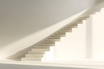 Ascending Stairs in Minimalist White Interior with Sunlight and Shadows
