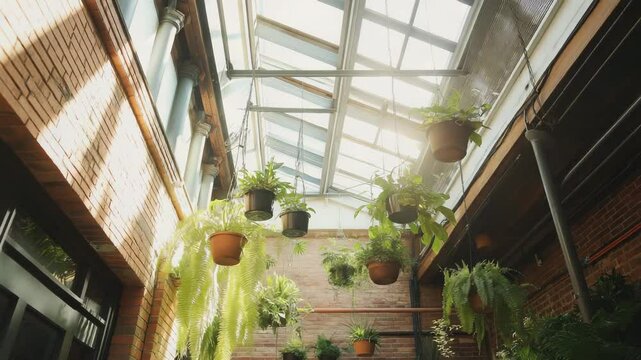 Sunlit Atrium Indoor Garden Design with Hanging Plants and Glass Roof