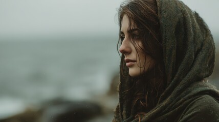 Icelandic Woman in Casual Wool Hoodie and Scarf Standing by the Ocean in a Misty Landscape