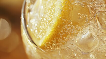 Refreshing Lemon Slice in Bubbly Drink with Ice Cubes Close Up Sparkling and Zesty Thirst Quenching Hydration