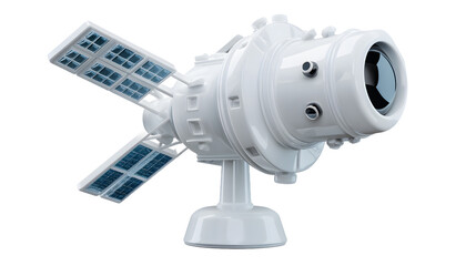 A modern white satellite with solar panels, showcasing advanced technology in space exploration.
