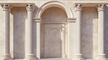 Old Roman arch made from white clay with fancy designs. A 3D picture shows Greek stone pillars like doors or windows in a temple. It's an old-style, classic building entrance.
