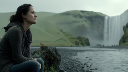 Icelandic Woman in Corduroy Overshirt and Jeans Sitting by a Waterfall in a Serene Landscape