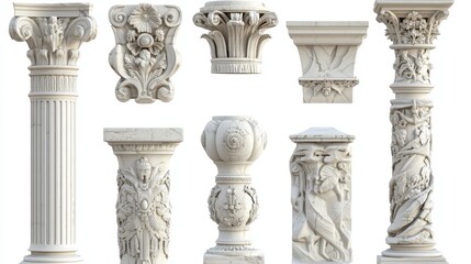 Naklejka premium Old Roman columns made of white marble. These 3D designs show different shapes and decorations. They were used in Greek buildings like temples and castles, on the front or porch. 