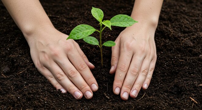 Hands Gently Nurturing Seedling in Rich Soil Symbolizing Growth Hope and New Beginnings in a Garden Environment Outdoors