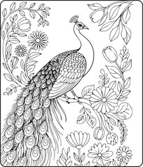 Fototapeta premium Beautiful peacock sitting on tree branch coloring page for kids, black line art vector illustration for children activity book design