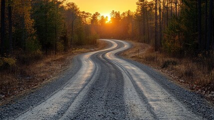 Winding forest road at sunrise