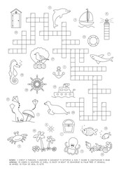 Crossword puzzle. Sea theme. Game and Coloring page. English language. Vector illustration.