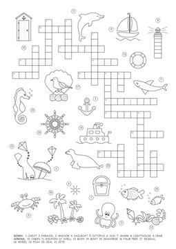 Crossword puzzle. Sea theme. Game and Coloring page. English language. Vector illustration.