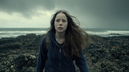 Icelandic Woman in Cotton Hoodie and Relaxed Jeans Standing on Rocky Beach Under Stormy Skies