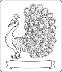Fototapeta premium Beautiful peacock coloring page for kids, black line art vector illustration for children activity book design