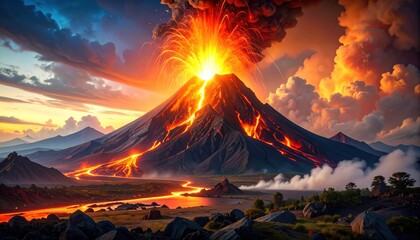 Erupting Volcano with Dramatic Landscape.