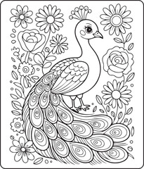 Fototapeta premium Beautiful peacock coloring page for kids, black line art vector illustration for children activity book design
