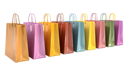 A vibrant display of colorful shopping bags lined up neatly, showcasing variety and style.