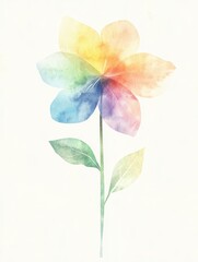 Soft watercolor illustration of a six-petal flower in gentle rainbow hues, symbolizing peace, diversity, and beauty on a white background. 