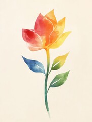 Watercolor rainbow flower with gradient petals and leaves
