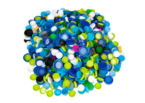 Pile of colorful plastic bottle caps on transparent background