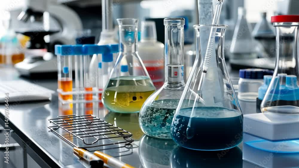 Poster a laboratory environment is arranged with an array of glassware and liquid samples, highlighting che