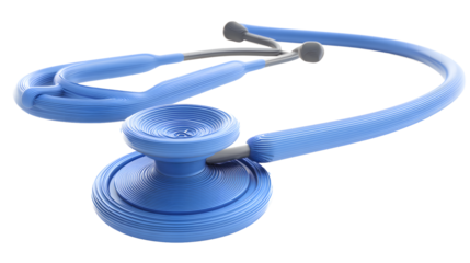 A blue stethoscope elegantly coiled, symbolizing healthcare and medical professionalism.