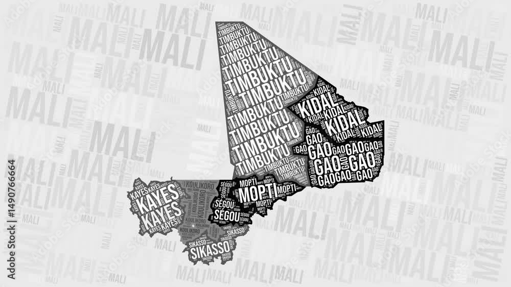 Poster mali animation. visual effect of mali regions appearing in black and white word clouds style. countr