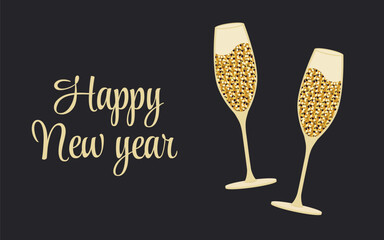 New Year background. Two glasses of champagne with gold glitters. Template for greeting card, party invitation, social media.