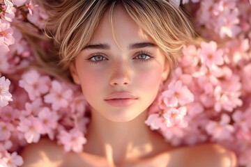 Fototapeta premium Spring mood, golden hour in sunset. Commercial idea. Attractive brazilian young woman surrounded by cherry blossoms. Springtime woman in bright cherry blossoms.