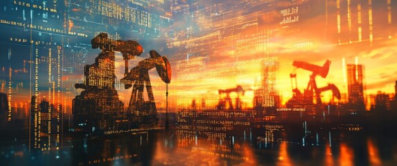 Oil pump jacks at sunset with digital overlay
