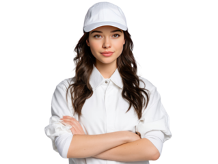 Focused and Confident Portrait: A determined young woman in a clean, white uniform and cap, her gaze direct and confident, radiating professionalism and approachability.
