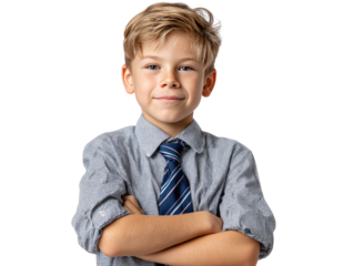 Confident Young Boy: Portrait of a smiling boy with blond hair wearing a gray shirt and a navy blue striped tie, arms crossed, conveying confidence and maturity.